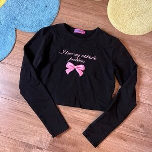 Black Long Sleeve Crop Top with Pink Bow